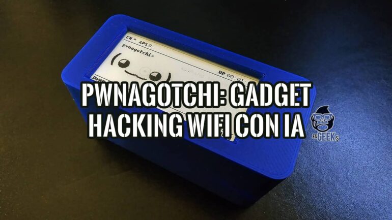 Pwnagotchi: Gadget para Pentesting WiFi con IA 16 Primer plano de un Pwnagotchi, el gadget para pentesting WiFi, dentro de una carcasa azul y con su pantalla e-paper activa.