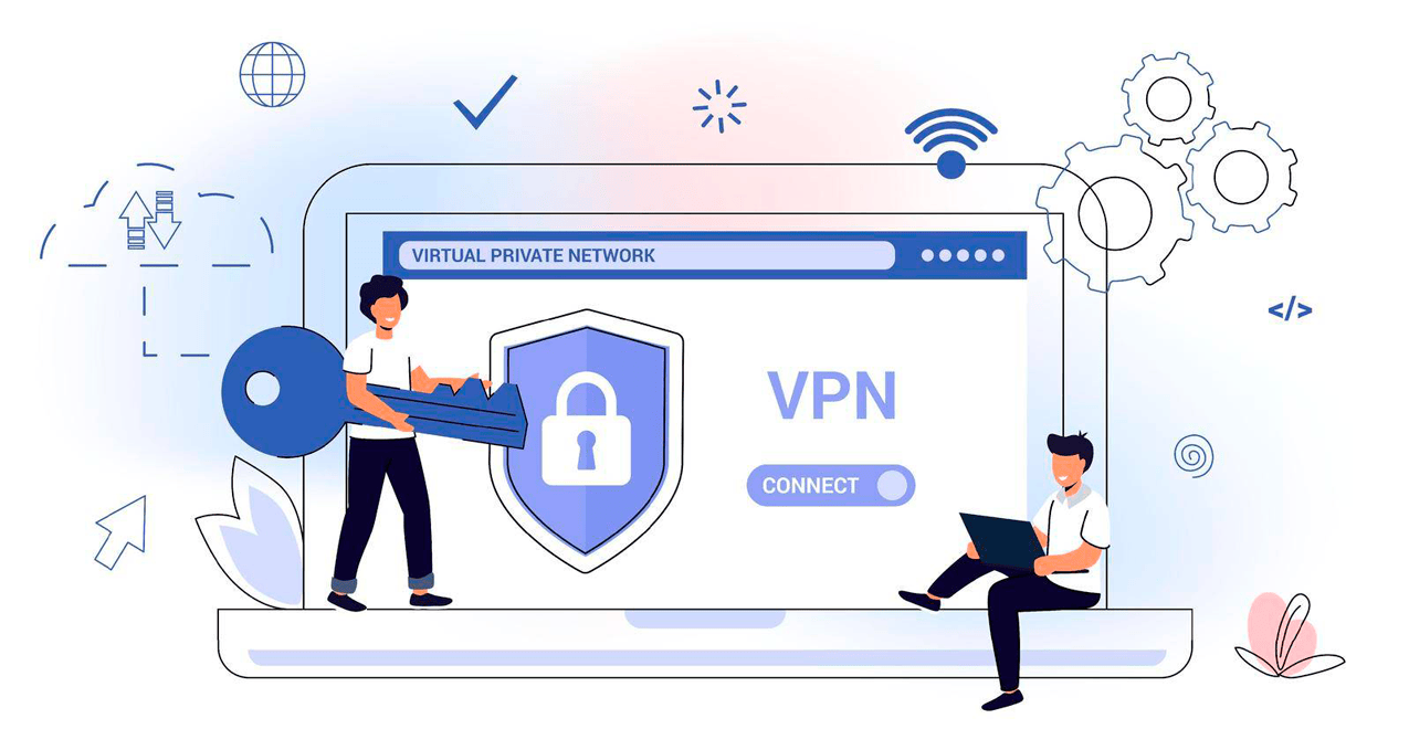 Ilustración que explica el uso de una VPN para proteger la conexión a internet, mostrando un escudo y una llave de seguridad.