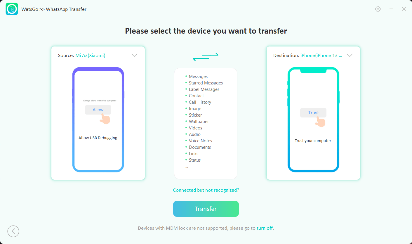 Seleccionar dispositivos para transferir WhatsApp