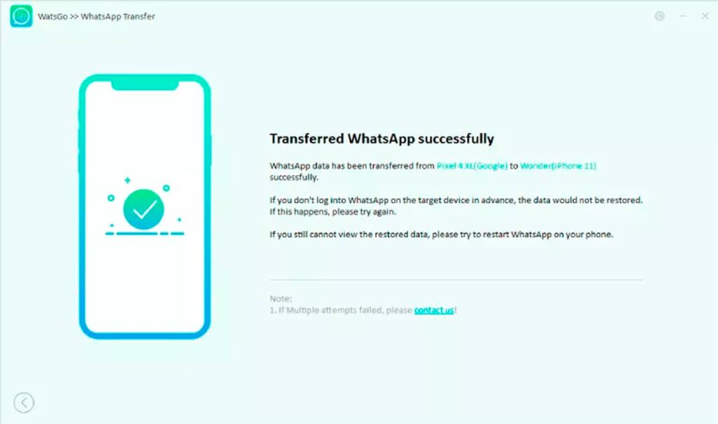 Transferencia exitosa de WhatsApp con iToolab WatsGo