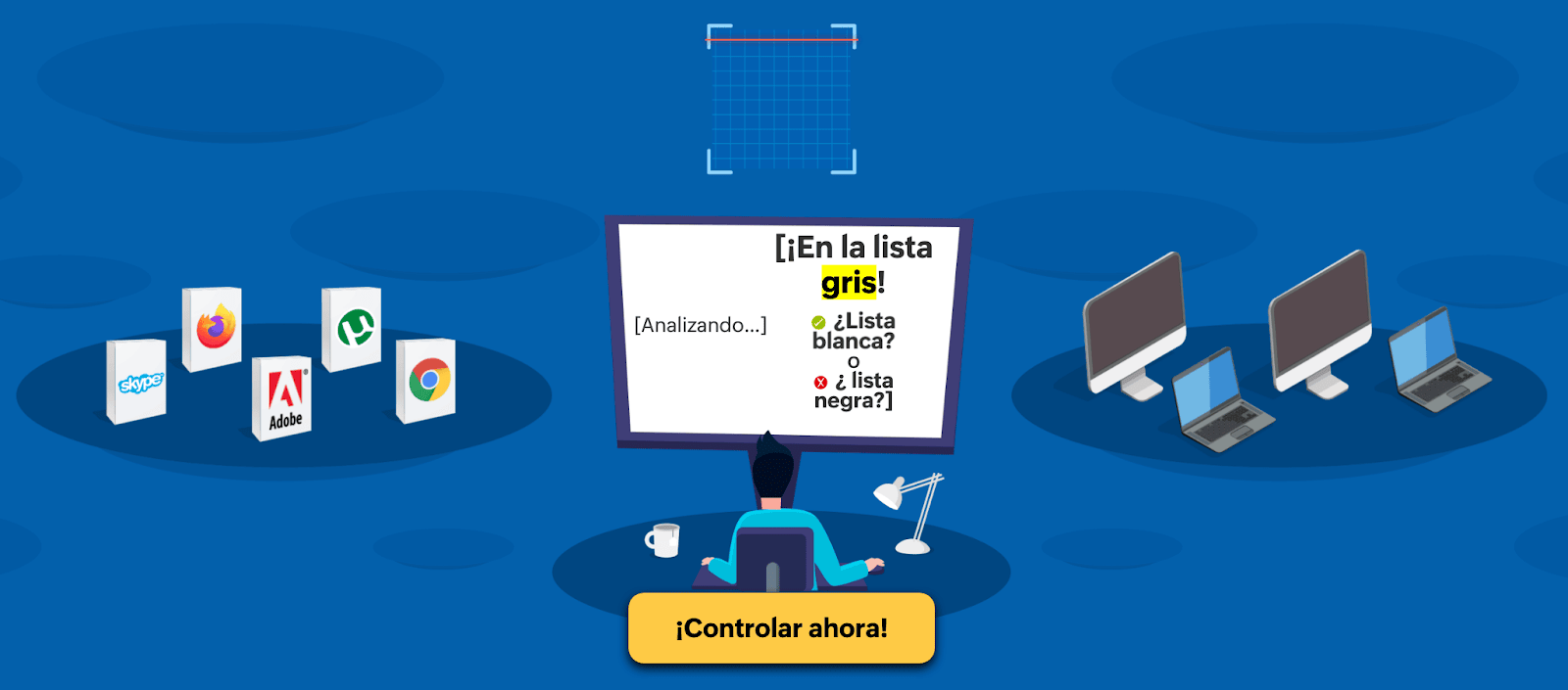Listas Blancas y Negras de Software: Ventajas, Desventajas y Características 23 Ilustración que muestra un usuario viendo en su pantalla un mensaje que indica que una aplicación está siendo analizada para determinar si se encuentra en la lista blanca o negra, utilizando ManageEngine Application Control Plus.