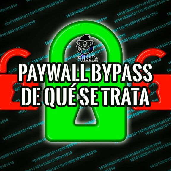 Imagen gráfica que representa un paywall bypass con candados rotos y código binario.