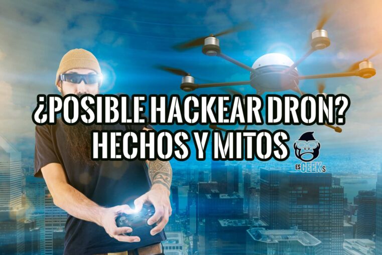 Un hombre con un mando de dron frente a una imagen de un dron volando sobre una ciudad. Seguridad de drones.