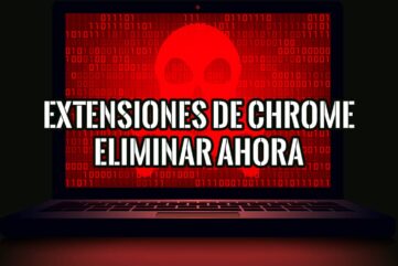 Imagen de un portátil con una calavera roja sobre un fondo de código binario, con el texto "Extensiones de Chrome Eliminar Ahora".
