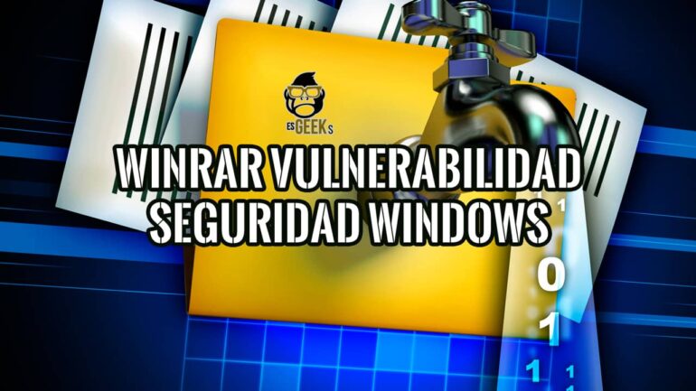 Imagen que representa una vulnerabilidad en WinRAR que permite eludir la seguridad de Windows, con elementos gráficos que simbolizan una fuga de datos.