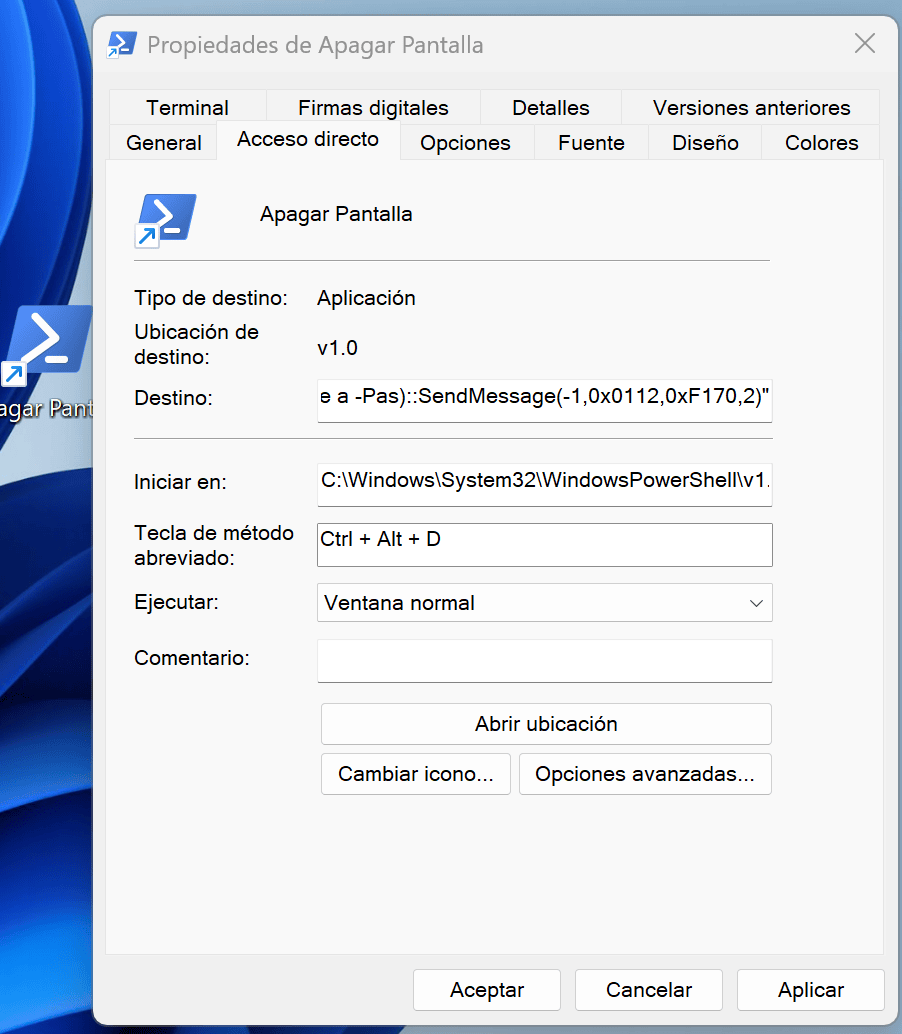 Captura de pantalla de la ventana de propiedades de un acceso directo en Windows, mostrando la configuración para ejecutar un script de PowerShell que apaga la pantalla. 