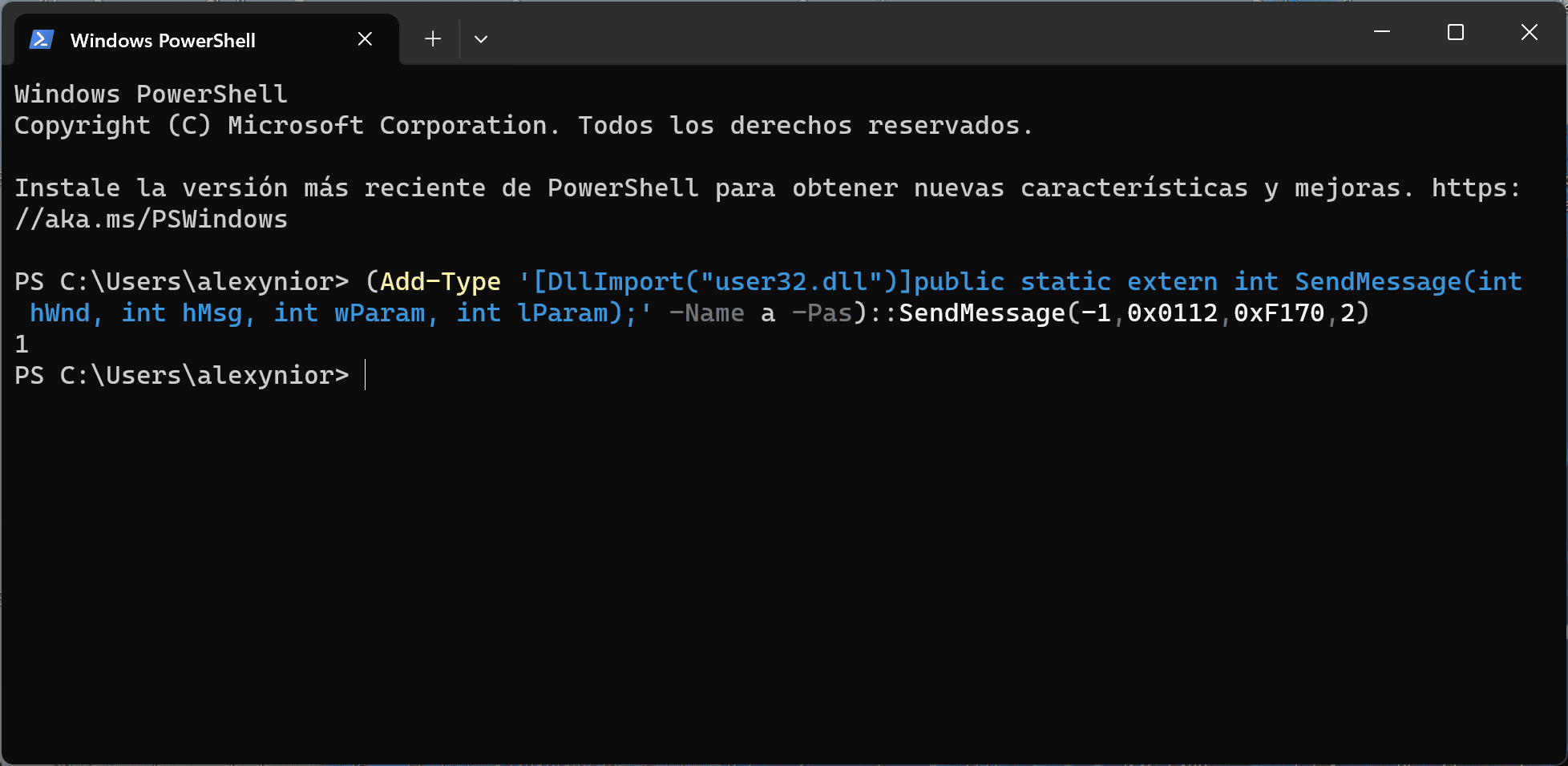 Captura de pantalla de una ventana de PowerShell ejecutando un comando para apagar el monitor. El código del comando se muestra en la ventana.