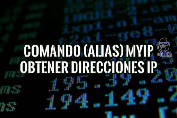 Imagen con texto sobre un fondo de código que describe cómo crear un comando o alias myip para obtener rápidamente información de direcciones IP en sistemas Linux y Windows.