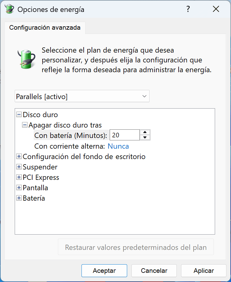 Captura de pantalla de la ventana "Opciones de energía" en Windows