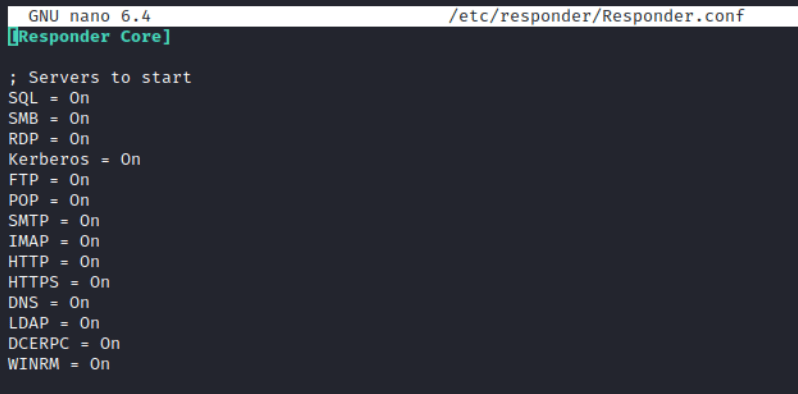 Guía Hacker: Ataques NTLM Relay. Capturando la Autenticación NTLM para Ataques Relay 27 Captura de pantalla que muestra el contenido del archivo de configuración Responder.conf, especificando los servidores que se iniciarán: SQL, SMB, RDP, Kerberos, FTP, POP, SMTP, IMAP, HTTP, HTTPS, DNS, LDAP, DCERPC y WinRM, todos configurados para activarse ("On").