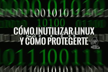 Fondo de código binario verde y negro con texto superpuesto: 'Cómo Inutilizar Linux y Cómo Protegerte