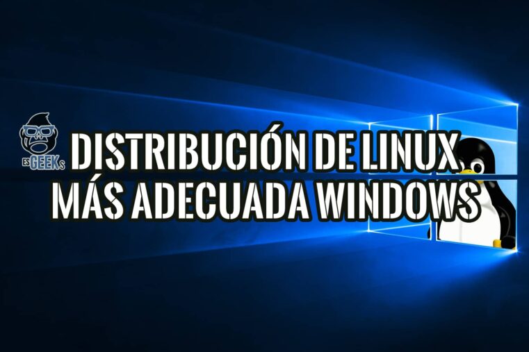 Imagen que muestra la pantalla de inicio de sesión de Windows con un pingüino de Linux en una ventana. El texto 'DISTRIBUCIÓN DE LINUX MÁS ADECUADA WINDOWS' se superpone a la imagen.