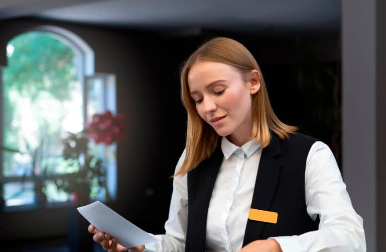 Herramientas inteligentes para pequeños hoteles con grandes metas 20 Una recepcionista de hotel revisa un documento, sugiriendo la necesidad de herramientas tecnológicas eficientes para mejorar la gestión y la experiencia del cliente.