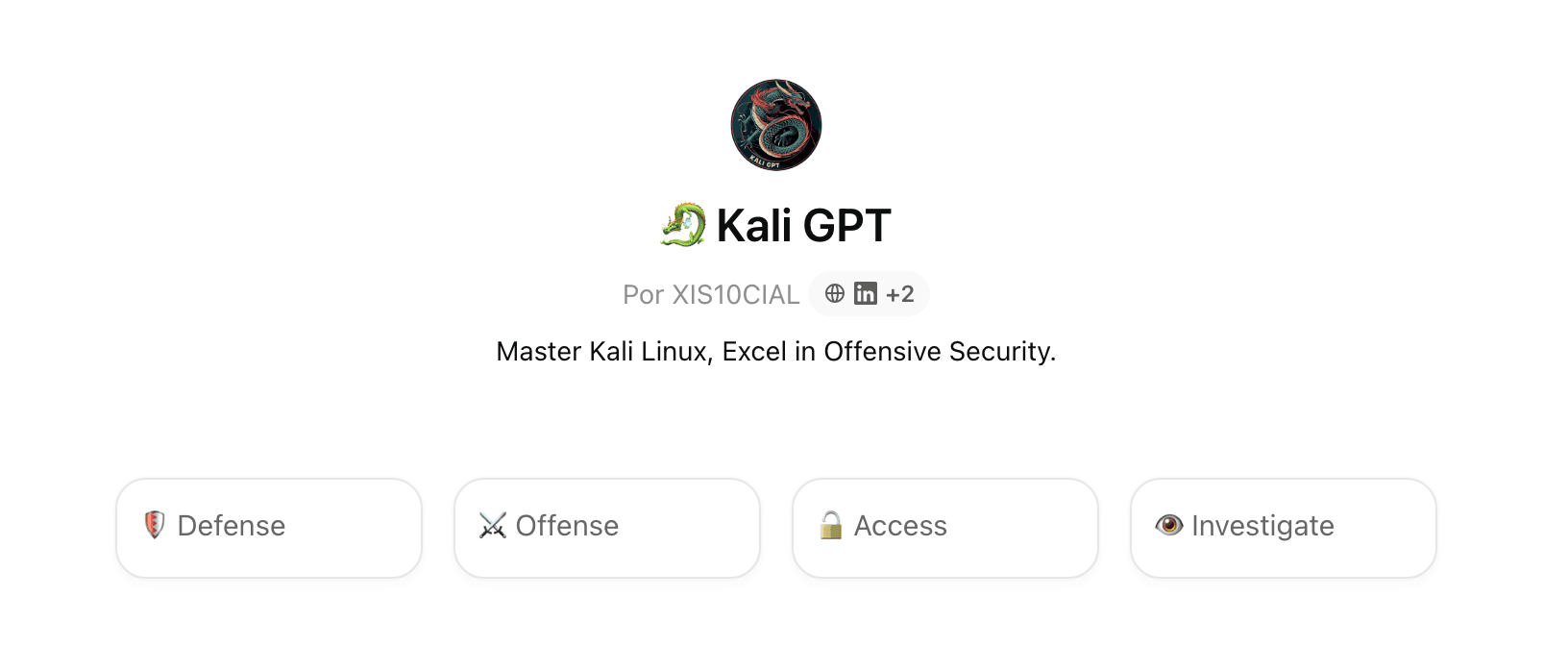 Kali GPT: El Chatbot de IA para Kali Linux 17 Captura de pantalla de la interfaz de usuario de Kali GPT, un chatbot de IA para Kali Linux. Muestra un encabezado con el nombre "Kali GPT"