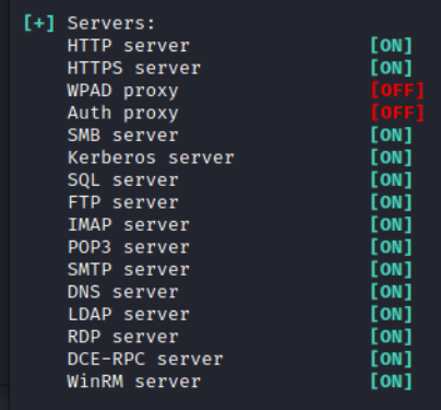 Guía Hacker: Ataques NTLM Relay. Capturando la Autenticación NTLM para Ataques Relay 21 Captura de pantalla de una lista de servidores Responder, mostrando el estado de cada servicio (activado o desactivado).