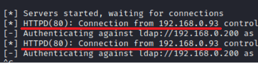 Guía Hacker: Ataques NTLM Relay. Capturando la Autenticación NTLM para Ataques Relay 67 Captura de pantalla de una terminal mostrando mensajes de log de una herramienta de prueba de penetración.