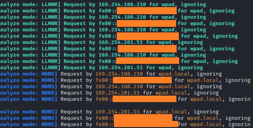 Guía Hacker: Ataques NTLM Relay. Capturando la Autenticación NTLM para Ataques Relay 31 Salida de la consola mostrando Responder en modo de análisis, registrando múltiples peticiones LLMNR y mDNS para wpd y wpd.local, ignorando cada una de ellas.