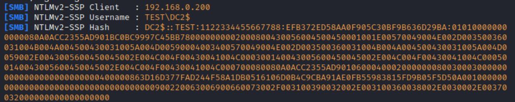 Guía Hacker: Ataques NTLM Relay. Capturando la Autenticación NTLM para Ataques Relay 37 Captura de pantalla mostrando un hash NTLMv2-SSP obtenido tras un ataque de coerción, incluyendo la dirección IP del cliente, el nombre de usuario y el hash.