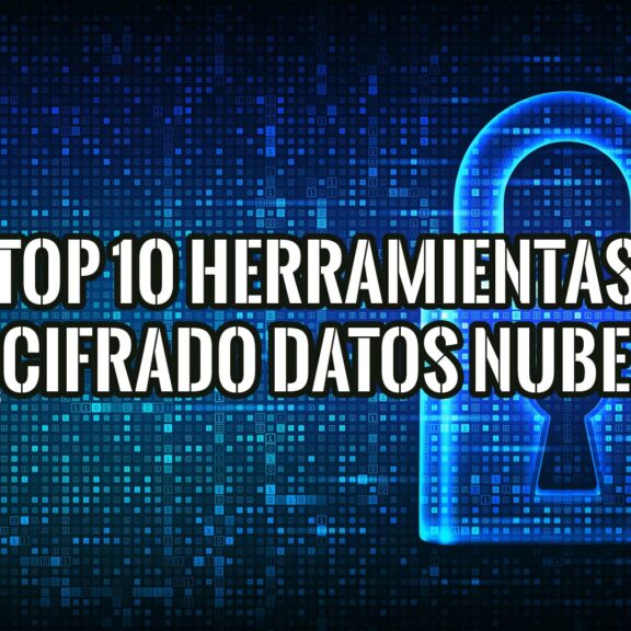 Top 10 Herramientas para el Cifrado de Datos en la Nube 16 Candado digital brillante sobre fondo de código binario, con el texto "Top 10 Herramientas Cifrado Datos Nube".