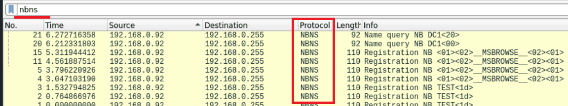 Guía Hacker: Ataques NTLM Relay. Capturando la Autenticación NTLM para Ataques Relay 29 Captura de pantalla de un análisis de tráfico de red que muestra varias consultas y registros NBNS (NetBIOS Name Service), incluyendo consultas de nombre y registros de nombre para diferentes hosts en la red (DC1 y TEST).