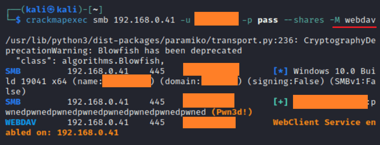 Guía Hacker: Ataques NTLM Relay. Capturando la Autenticación NTLM para Ataques Relay 45 Captura de pantalla de una terminal mostrando la ejecución de CrackMapExec para verificar la disponibilidad del servicio WebDAV en un servidor SMB.