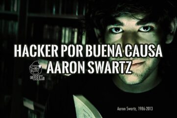 Retrato de Aaron Swartz con el texto 'HACKER POR BUENA CAUSA' y sus fechas de vida, 1986-2013, rindiendo homenaje a su legado.