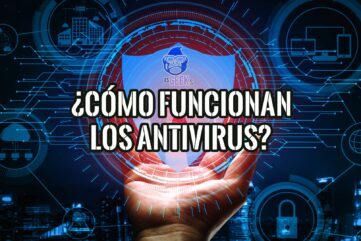 Una mano sosteniendo un escudo digital con la pregunta "¿Cómo funcionan los antivirus?" en un fondo de tecnología.