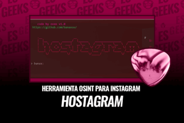 Pantalla de la línea de comandos de Hostagram con el texto "Hostagram: Herramienta OSINT para Instagram" sobre un fondo con patrones de "Geeks".