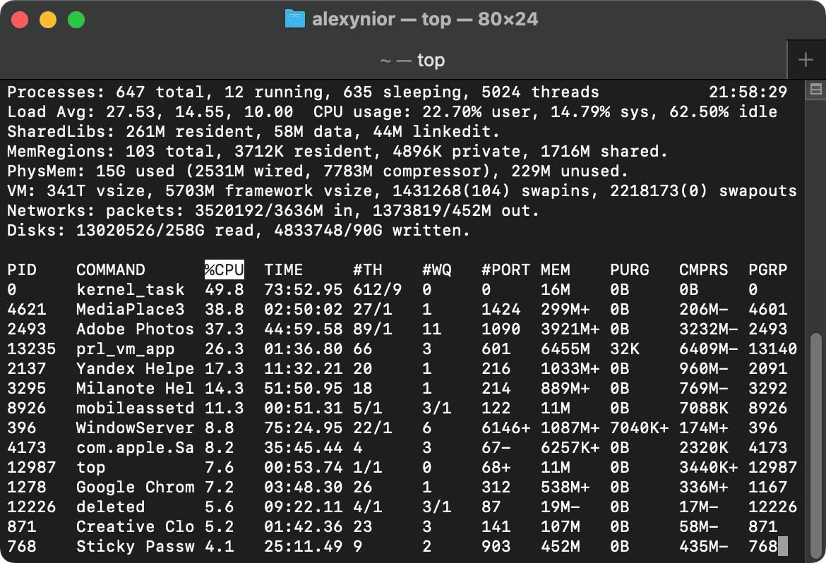 Hacker Broma: Cómo Sorprender a Tus Amigos con Trucos Divertidos 25 Broma hacker en terminal Mac: programa "top" en ejecución. Simulación de actividad y análisis del sistema.