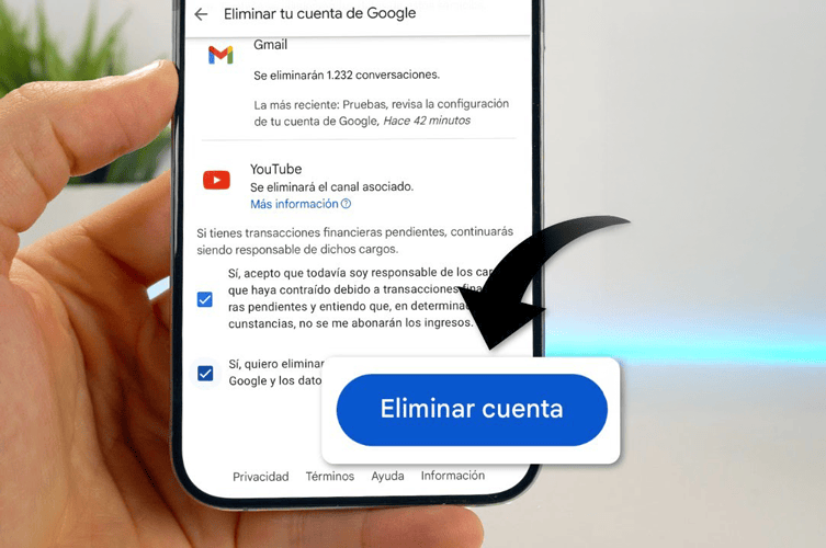 Cómo Quitar tu Cuenta de Google de un Dispositivo Android 20 Pasos para quitar cuenta google de un dispositivo; pantalla muestra el botón "Eliminar cuenta" tras aceptar las condiciones.