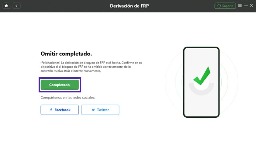 Cómo Quitar tu Cuenta de Google de un Dispositivo Android 26 Cuenta Google quitada: "Completado" con DroidKit. Éxito en la eliminación de la cuenta FRP en el dispositivo.