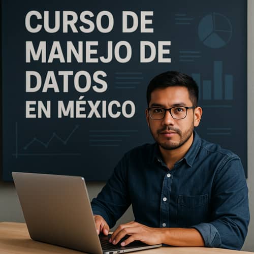 Hombre trabajando en portátil frente a anuncio de "Curso de Manejo de Datos en México"