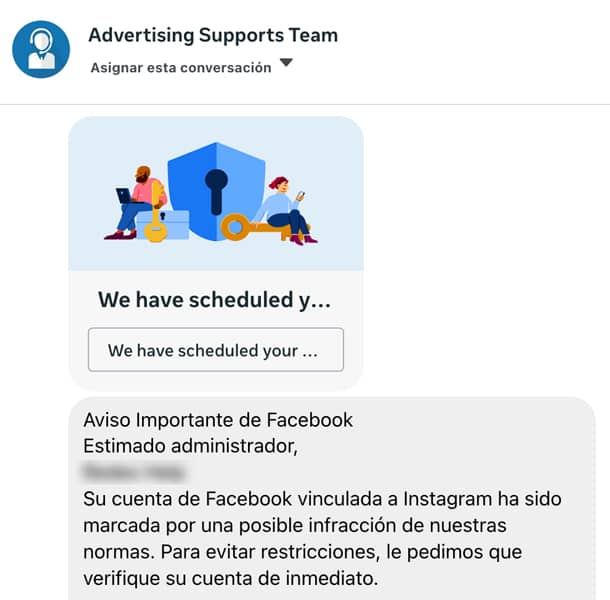 Ejemplo de mensaje de Angler Phishing que imita a Facebook, solicitando verificación de cuenta para evitar restricciones.