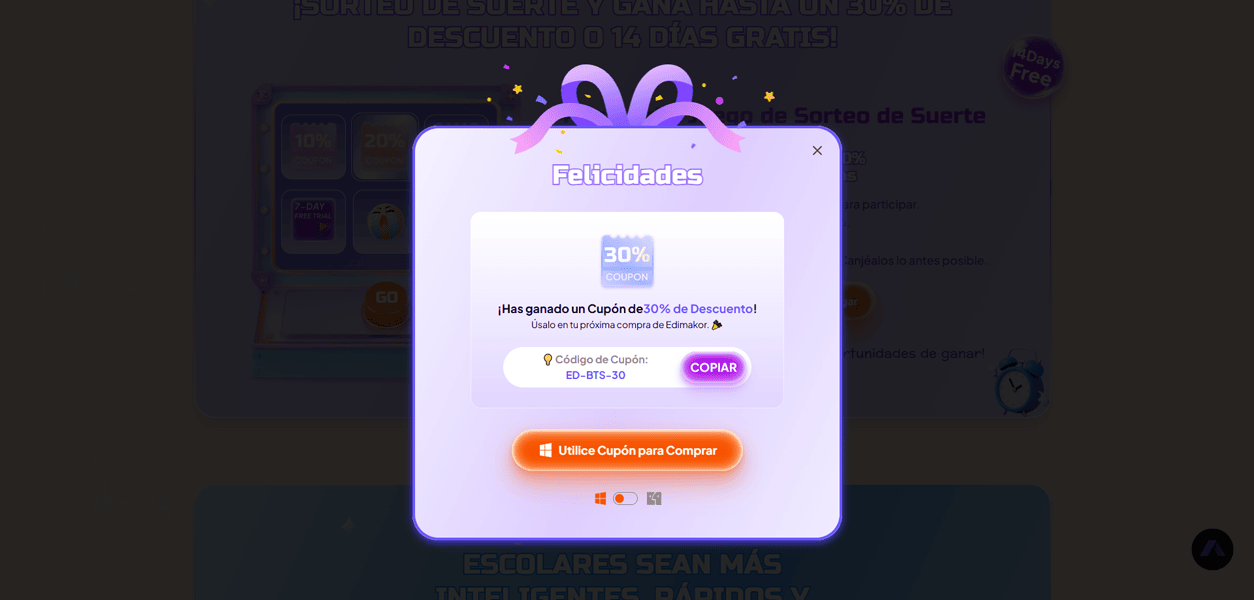 ¡Felicidades! Has ganado un cupón de descuento del 30% en tu próxima compra de Edimakor.