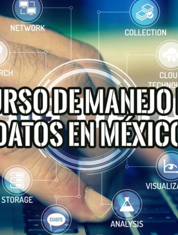 Imagen de un teclado con elementos gráficos que representan las etapas de un curso de manejo de datos en México: recolección, almacenamiento, análisis y visualización.