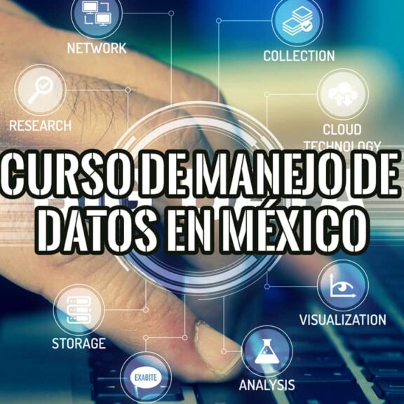 Imagen de un teclado con elementos gráficos que representan las etapas de un curso de manejo de datos en México: recolección, almacenamiento, análisis y visualización.