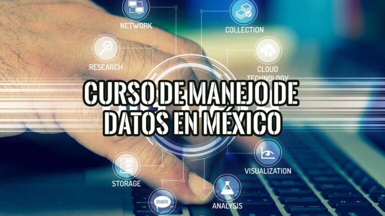 Imagen de un teclado con elementos gráficos que representan las etapas de un curso de manejo de datos en México: recolección, almacenamiento, análisis y visualización.