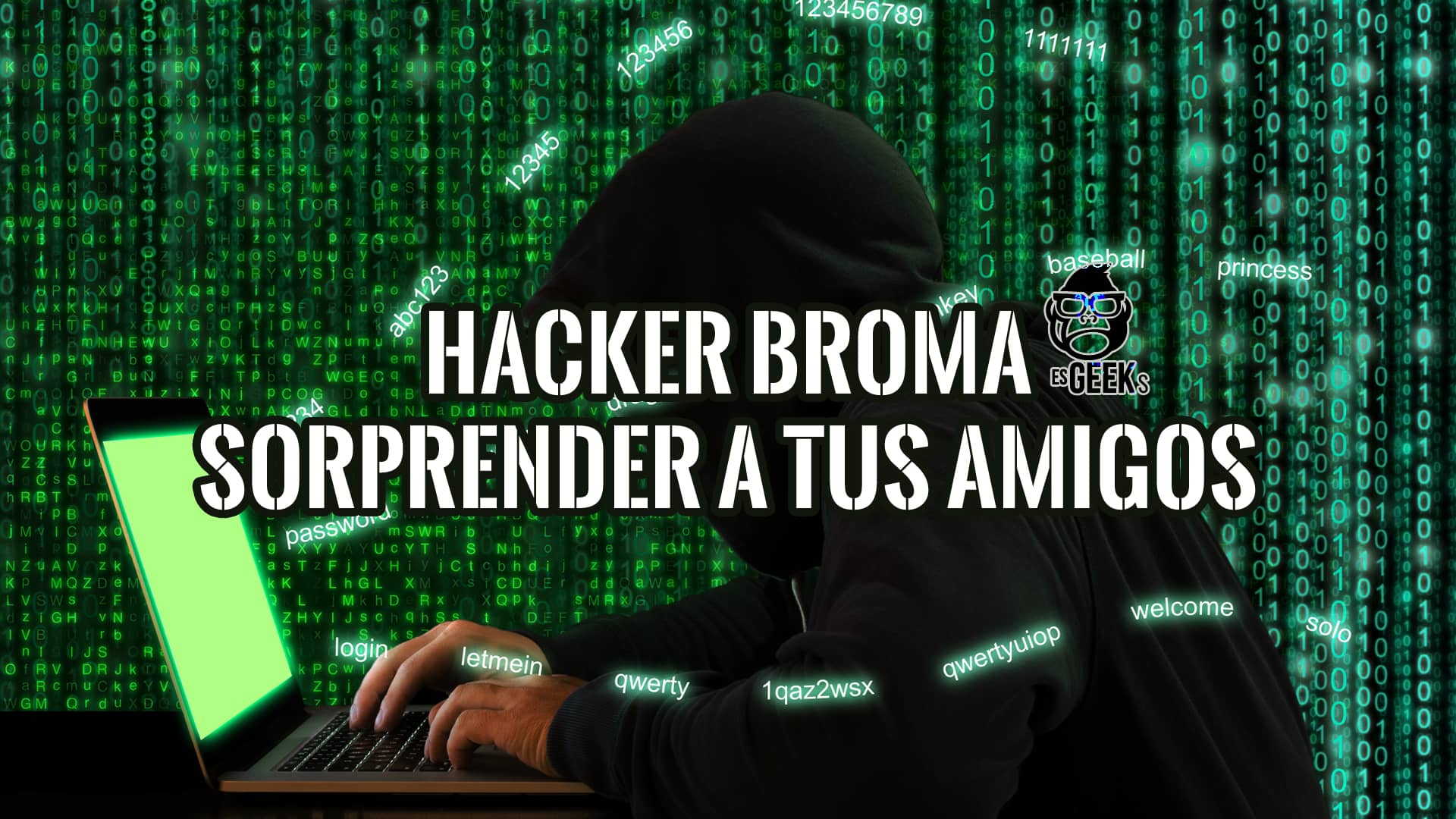 Hacker Broma: Cómo Sorprender a Tus Amigos con Trucos Divertidos 16 Hacker Broma para sorprender a tus amigos: imagen de hacker con portátil, código binario y elementos de diseño digital.
