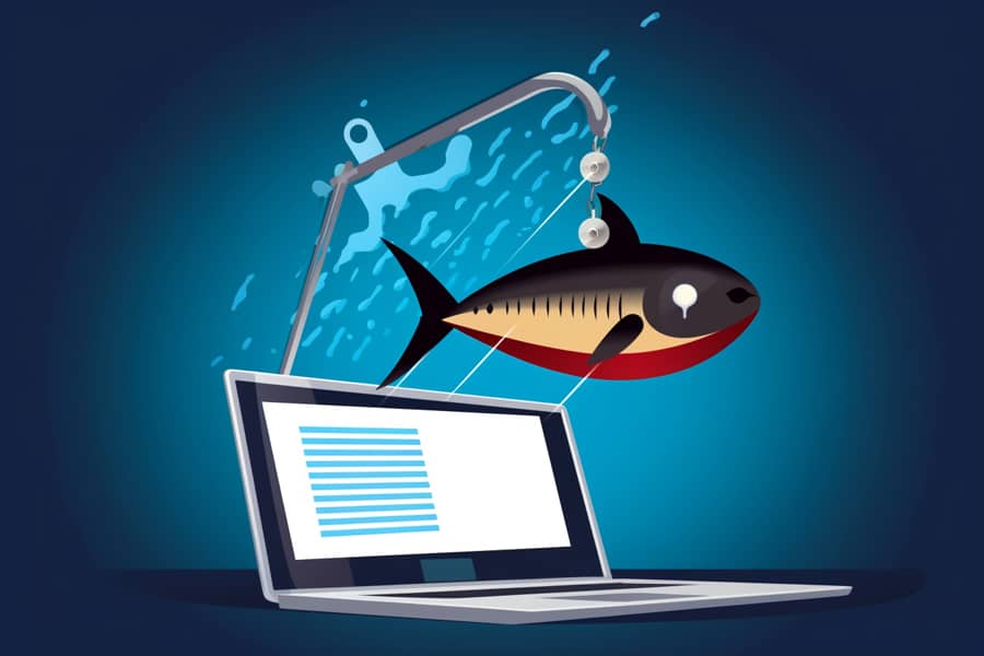 Catfishing: Cómo defenderse de las identidades falsas en línea 17 Ilustración qué es Catfishing: Un pez siendo pescado por un anzuelo que emerge de una pantalla de ordenador portátil.