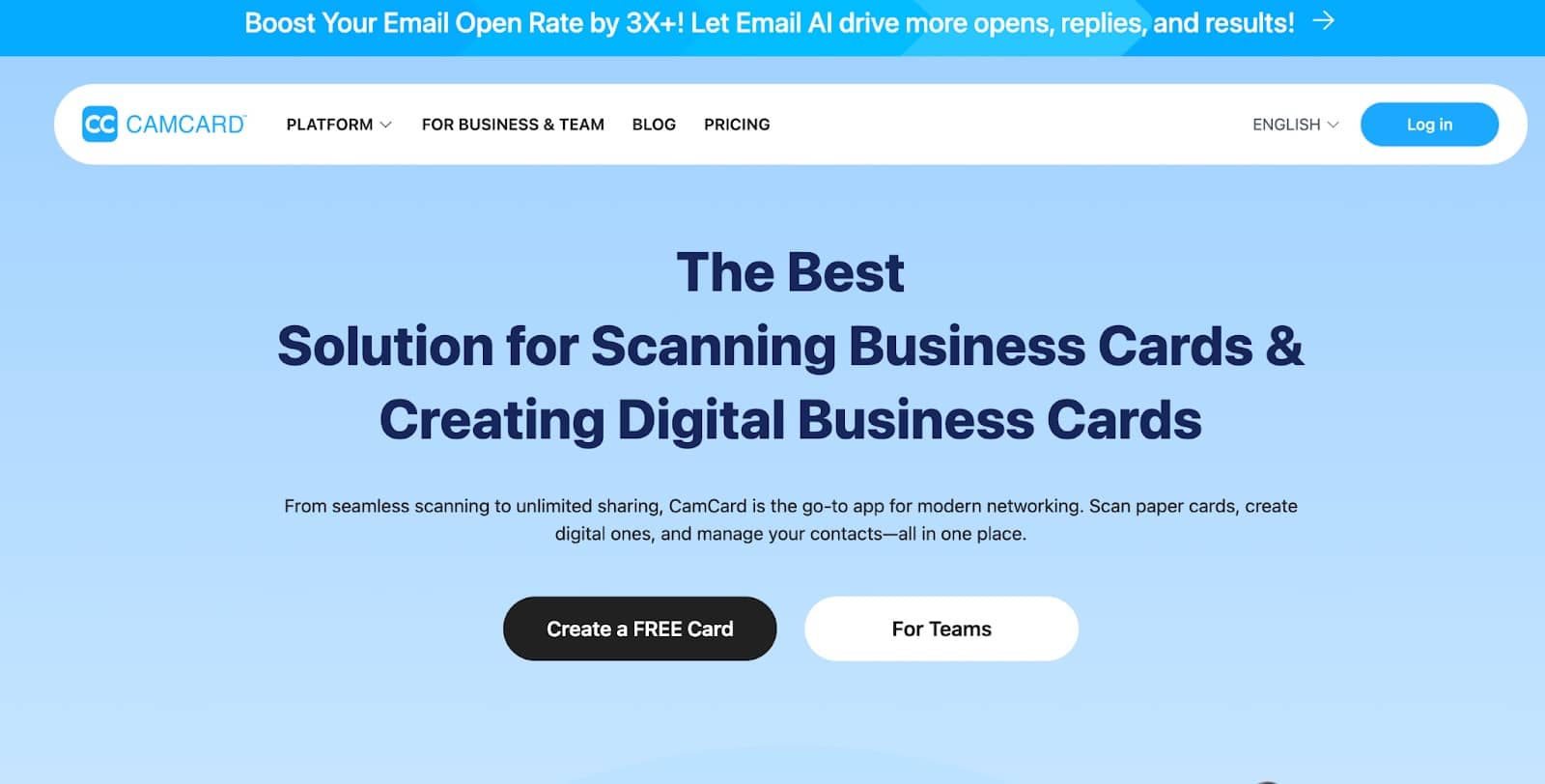 Mejores Tarjetas de Presentación Digitales 2025: Top Plataformas Clave 22 CamCard: la mejor solución para escanear tarjetas de presentación y crear tarjetas digitales. Gestiona tus contactos fácilmente.