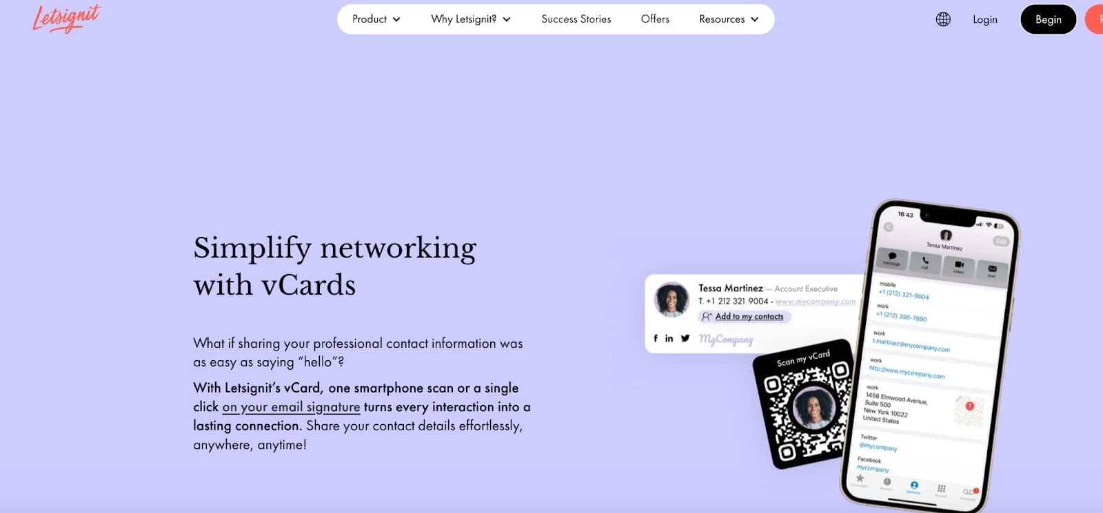 Mejores Tarjetas de Presentación Digitales 2025: Top Plataformas Clave 34 Simplifica tu networking con vCards de Letsignit. Imagen de una tarjeta digital en un smartphone, escaneada por código QR.