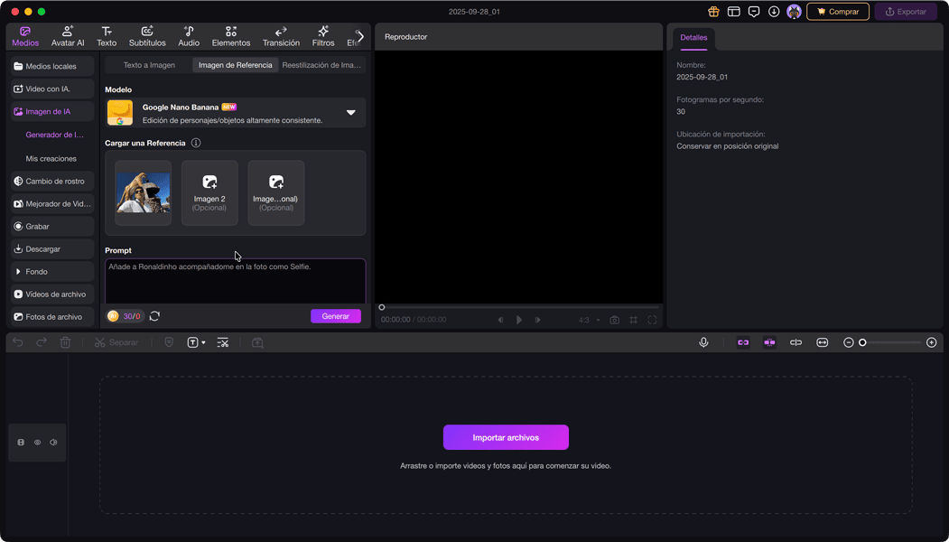 Interfaz de Edimakor mostrando el proceso paso a paso para crear imágenes con Nano banana y la herramienta de IA.